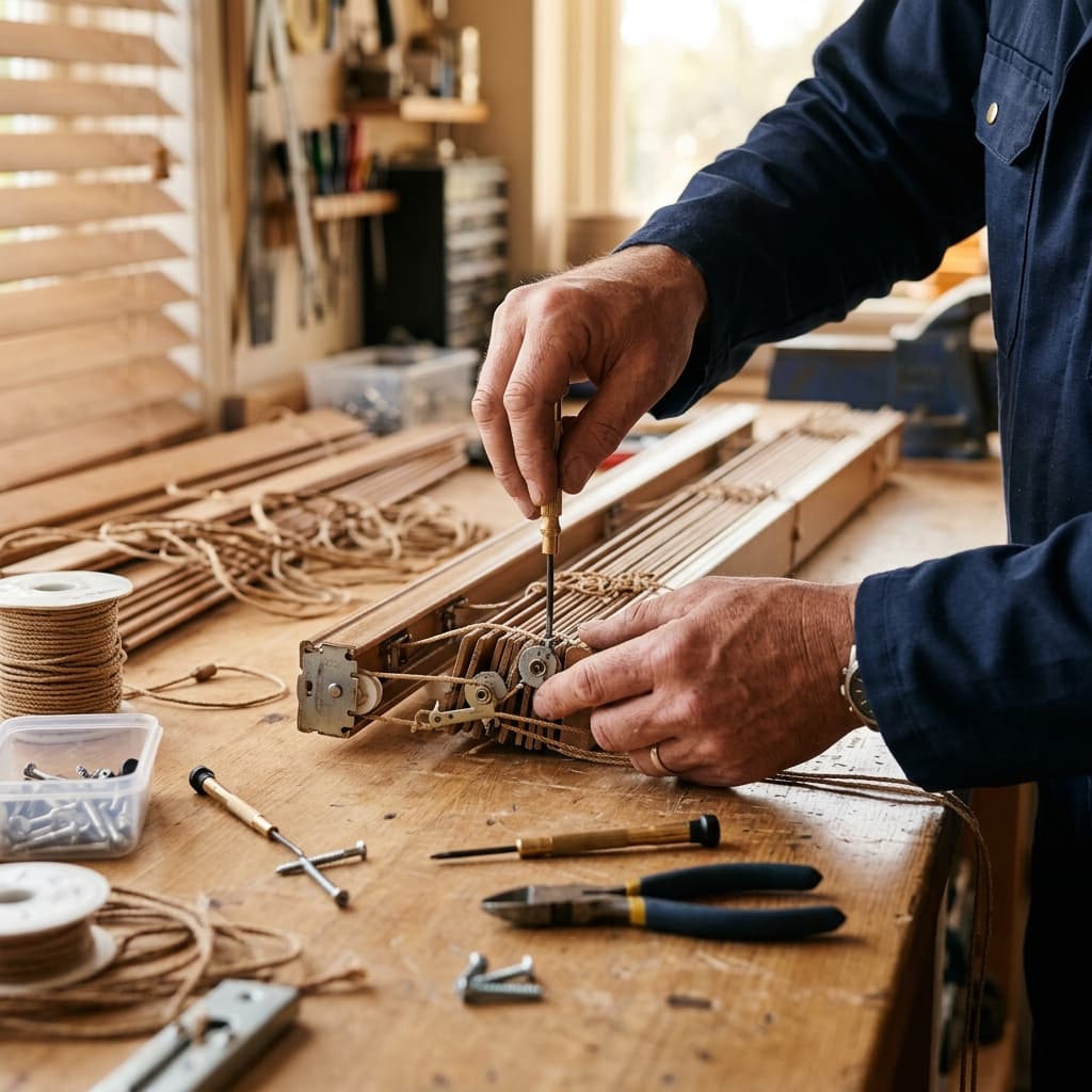 Technician repairing a blind mechanism on a wooden workbench