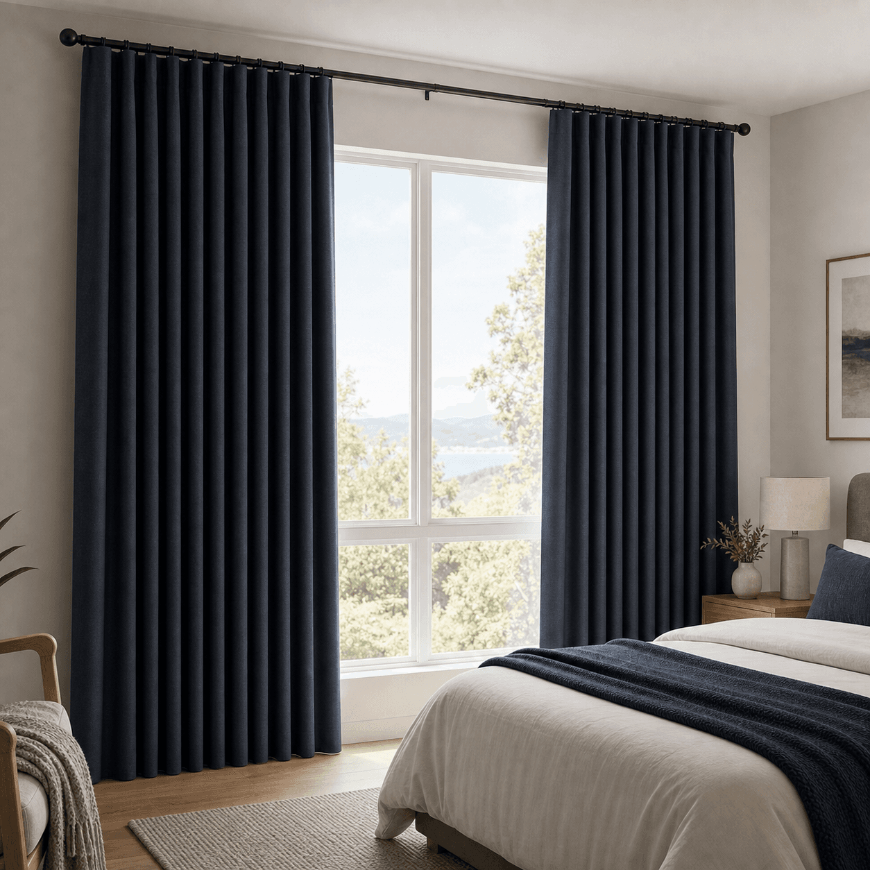 Dark blockout curtains in a premium bedroom with soft daylight