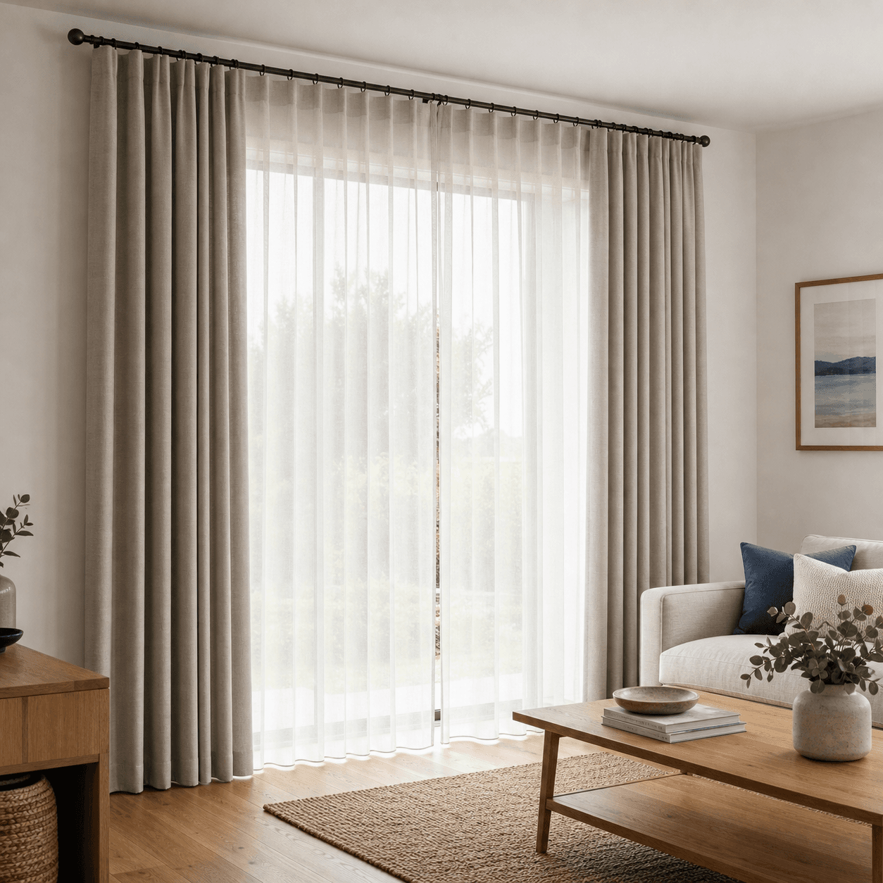 Layered custom curtains in a modern living room with soft daylight