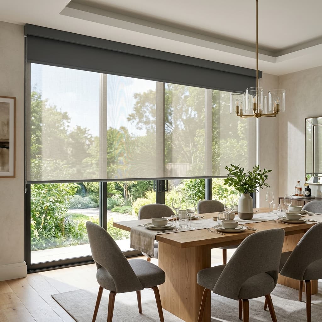 Dining room with double roller blinds over wide glass doors