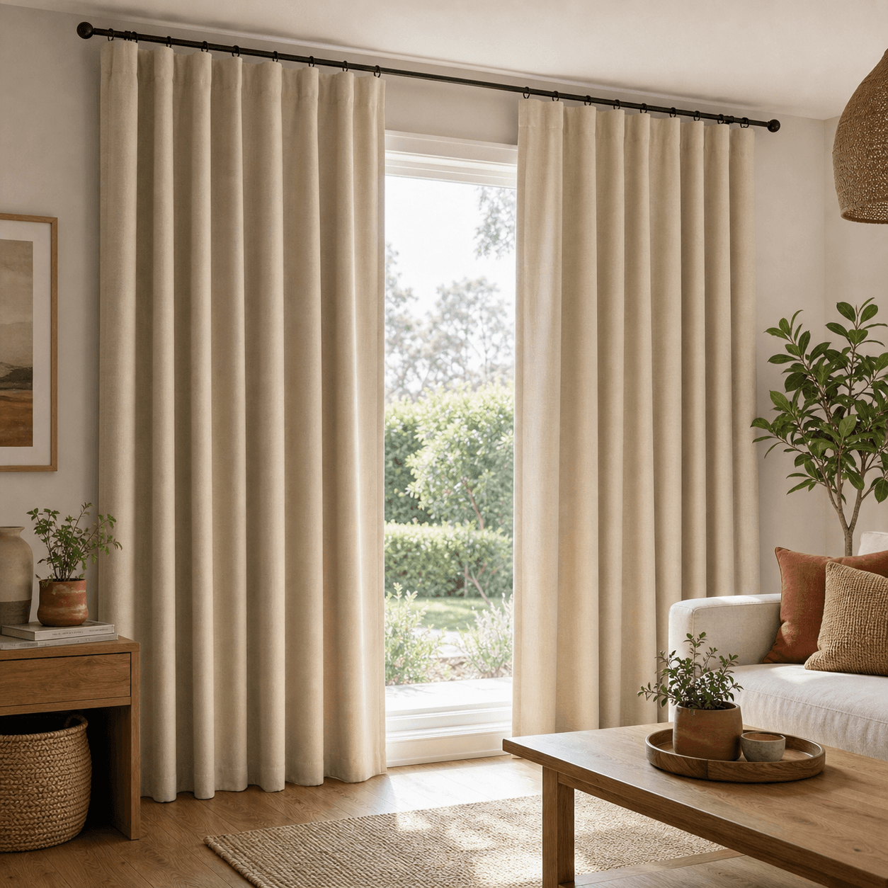 Natural oatmeal fabric drop sheet curtains in a relaxed modern lounge