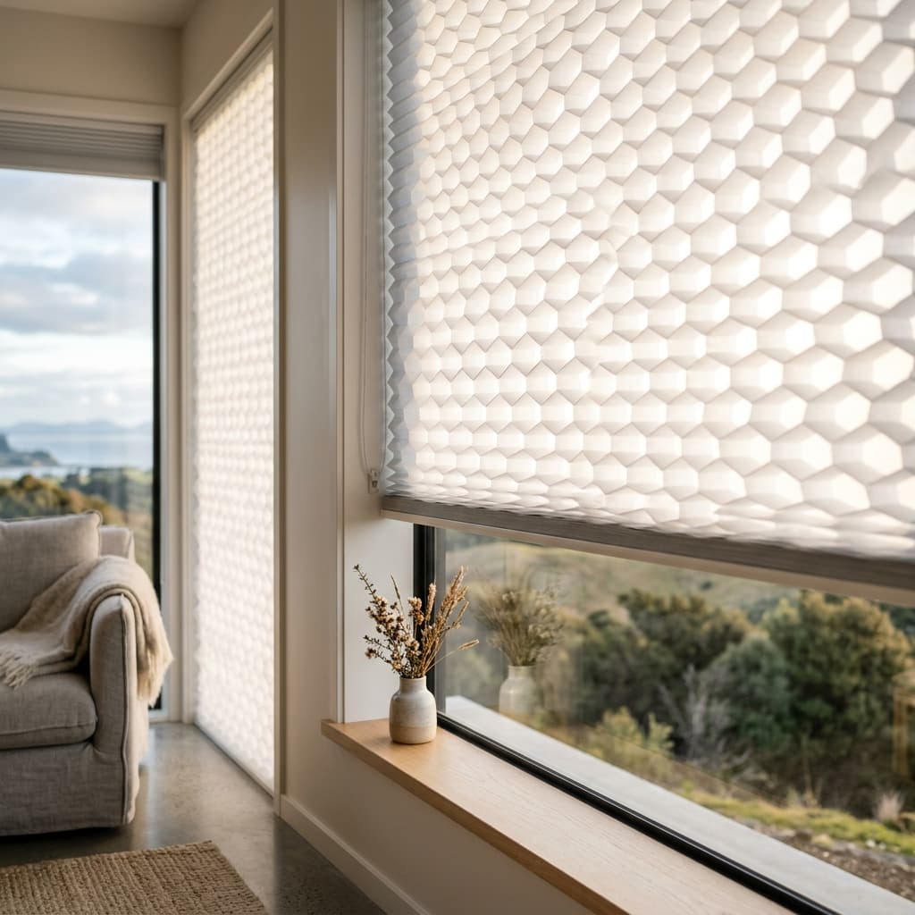 Close view of honeycomb blinds filtering sunlight in a lounge window