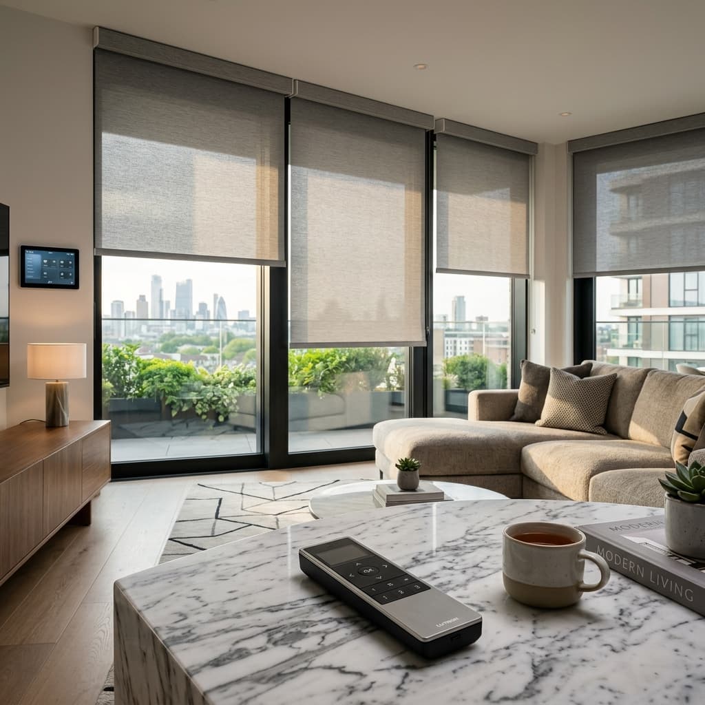 Modern apartment living room with motorised smart roller blinds and remote control