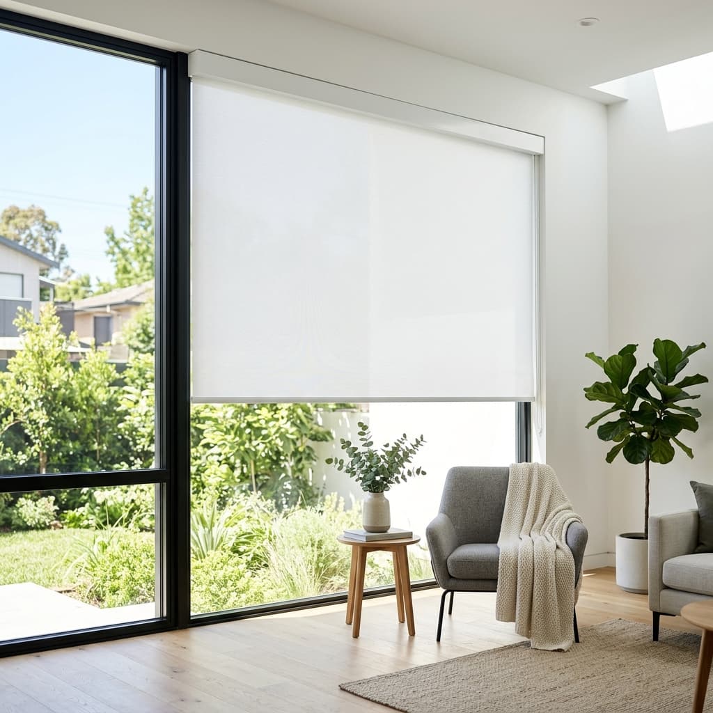Bright living room with white roller blinds fitted over large windows