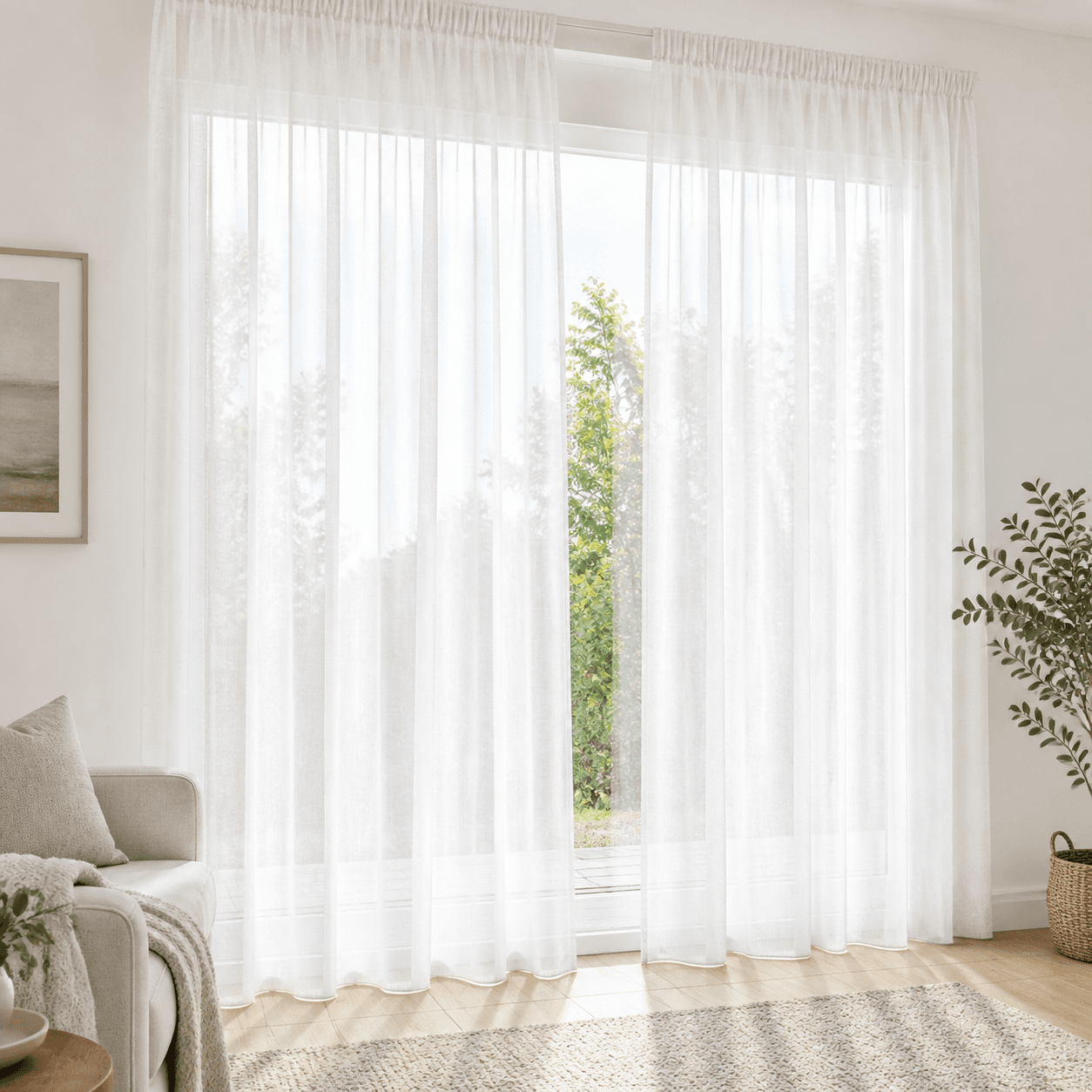 White sheer curtains filtering bright daylight in a modern lounge