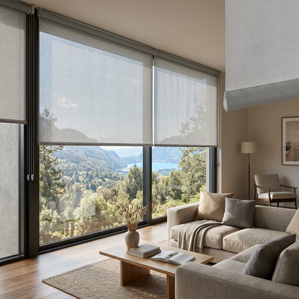 Living room with grey sunscreen roller blinds filtering daylight