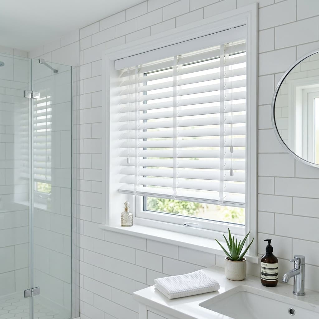 White bathroom with PVC Venetian blinds fitted inside the window frame