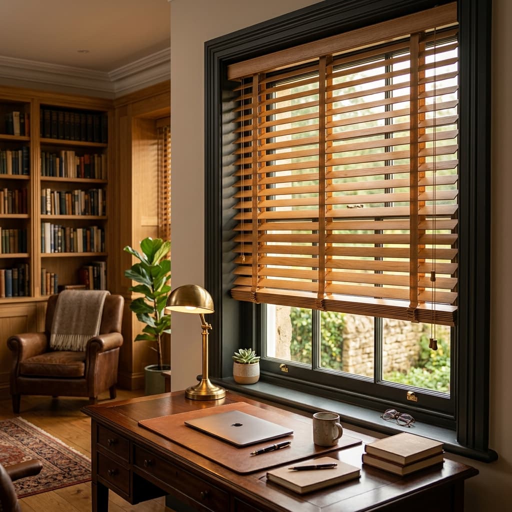 Warm home office with wooden Venetian blinds over a dark-framed window