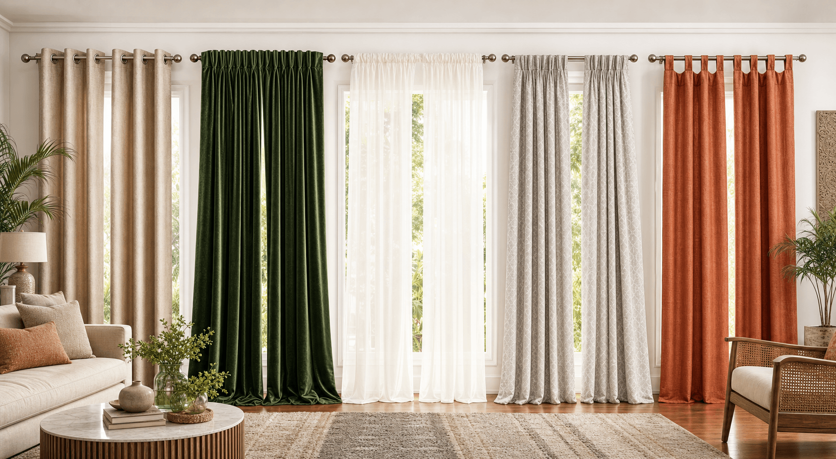 Different curtain styles displayed side by side in a modern living room