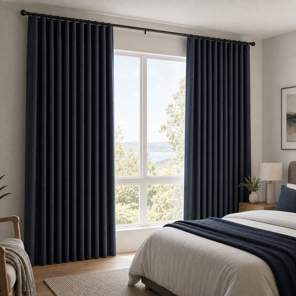 Dark blockout curtains in a premium bedroom with soft daylight