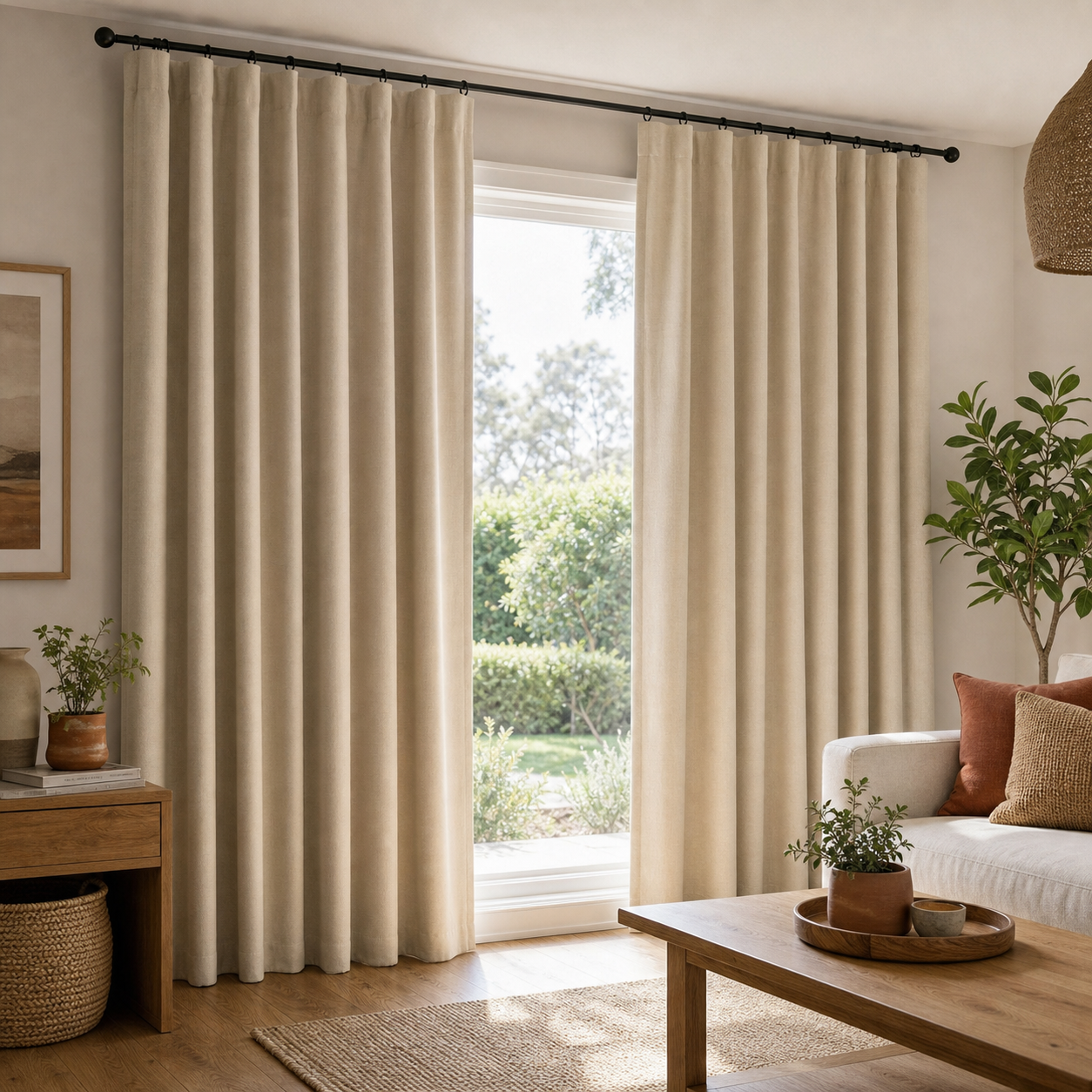 Natural oatmeal fabric drop sheet curtains in a relaxed modern lounge