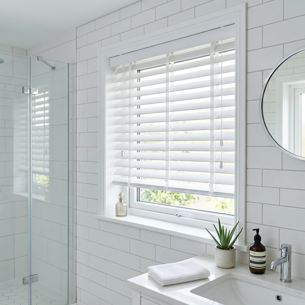 White bathroom with PVC Venetian blinds fitted inside the window frame